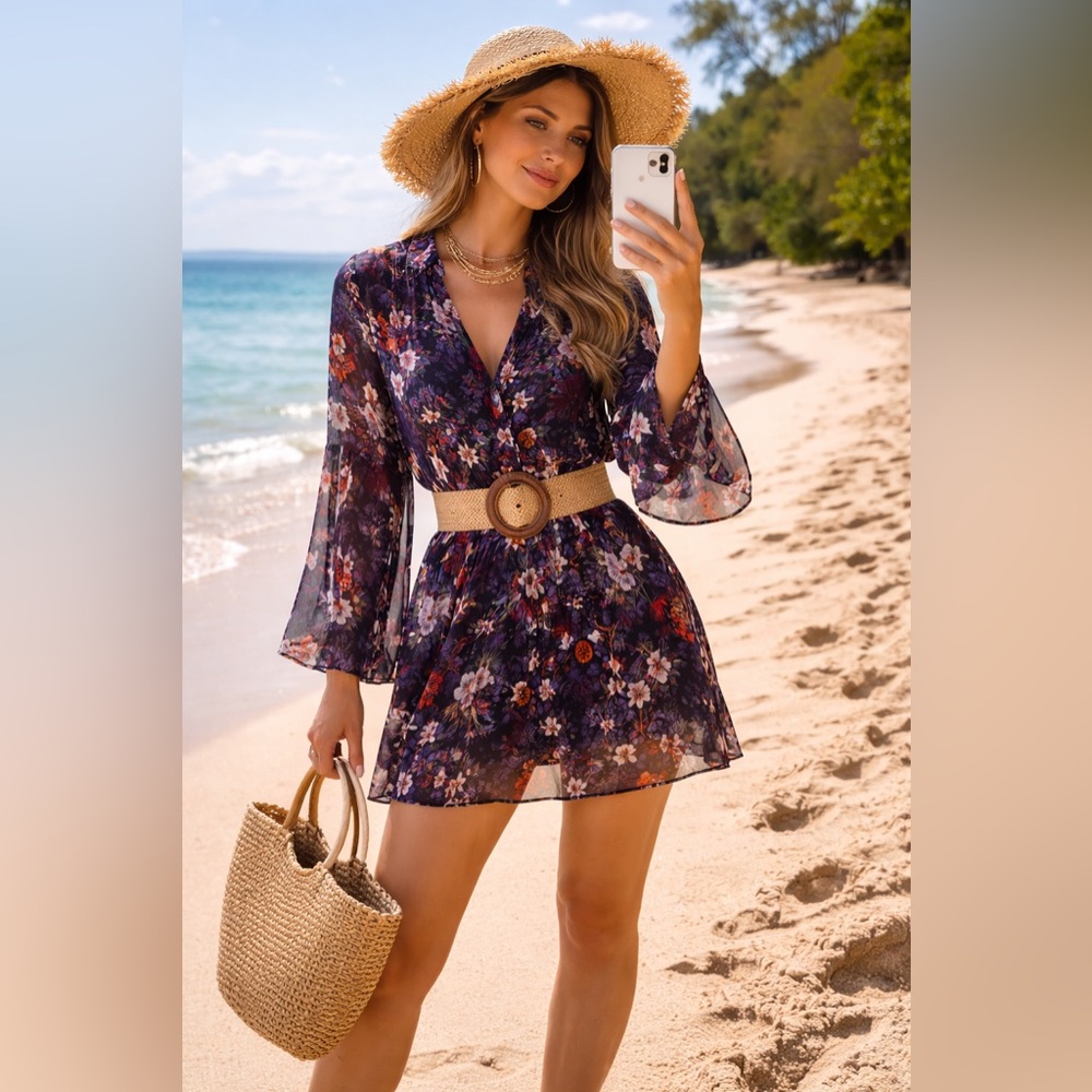 Bershka Navy Floral Sheer Button-Front Blouse